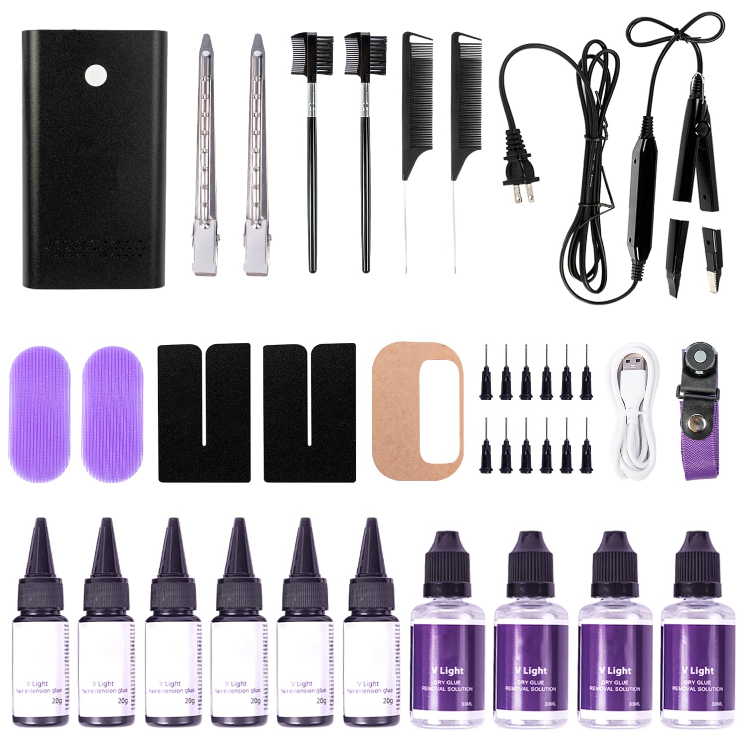 Photo 1 of V Light Hair Extension Kit, V Light Hair Extension Machine (Black or Silver), V Light Remover Machine*1, V Light Glue 20ml * 4, V Light Glue Remover 20ml * 2 (Black Machine Set)