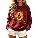 SamLng Women Halloween Sweatshirt Crew Neck Long Sleeve Witch Graphic Tops | Halloween Crewneck Sweatshirt Women Long Sleeve Witchy Moon Brooms Salem Printed Top Vintage Pullover De Halloween Para Mujer
