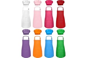IAGBIBUI Kids Apron and Chef Hat Set, 16 Pieces Boys Girls Kids Apron with 2 Pockets Adjustable for Cooking Classroom Baking Painting, 6-13 Years, Multicolor
