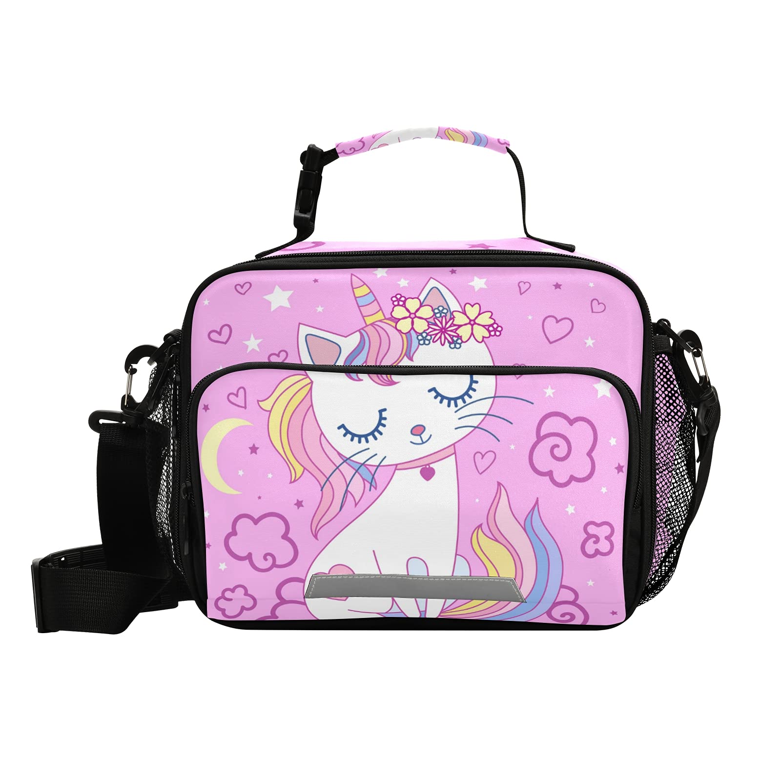 ALAZA Large Lunch Bags, Cute Cartoon Rainbow Cat Unicorn Insulated Lunch Bags with Shoulder Straps and Buckle Handle, Crossbody Tote Lunch Box for Kids Teenager Student Girls Boys, 2 Compartments