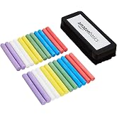Amazon Basics Dustless Colored Chalk with Eraser, Assorted Colors, Chalkboard Writing Art Tool Set, Erasable, 24 Count