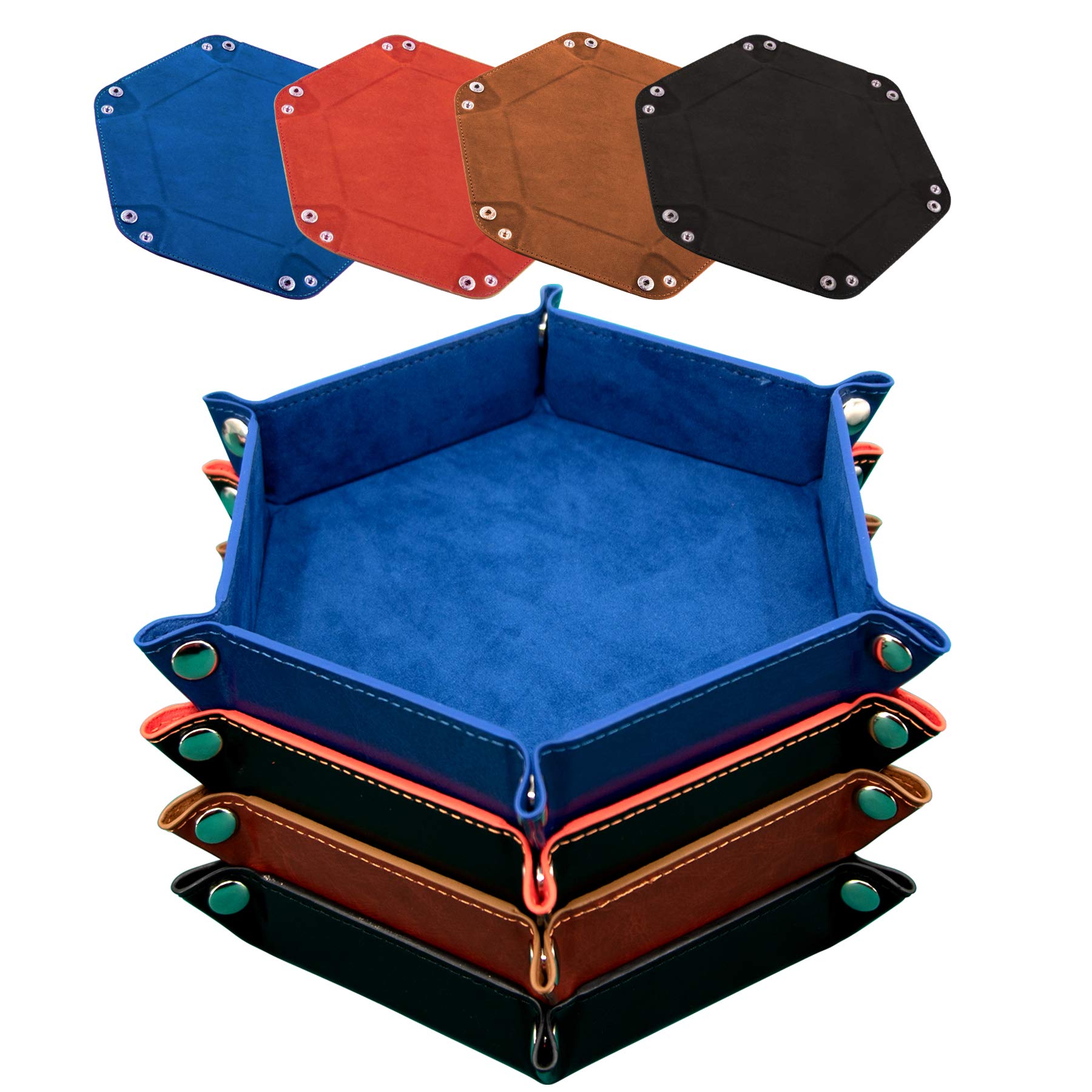 SIQUK 4 Pieces Dice Tray Hexagon PU Leather and Velvet Dice Folding Tray Holder for Dice Games like RPG, DND, and Other Table Games, Royal Blue, Orange, Camel and Black