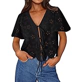 Trendy Queen Womens Summer Tops Cute Boho Blouses Beach Vacation Spring Outfits 2026 Tie Front Eyelet Embroidered Clothes