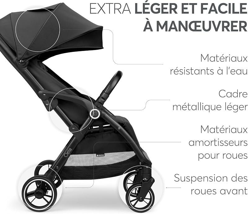 KikkaBoo Poussette Canne Compacte CIELA, Bébé jusqu’à 22 kg, Ultra Légère, Pliage Automatique, Dossier Inclinable, Format Cabine Avion, Noir