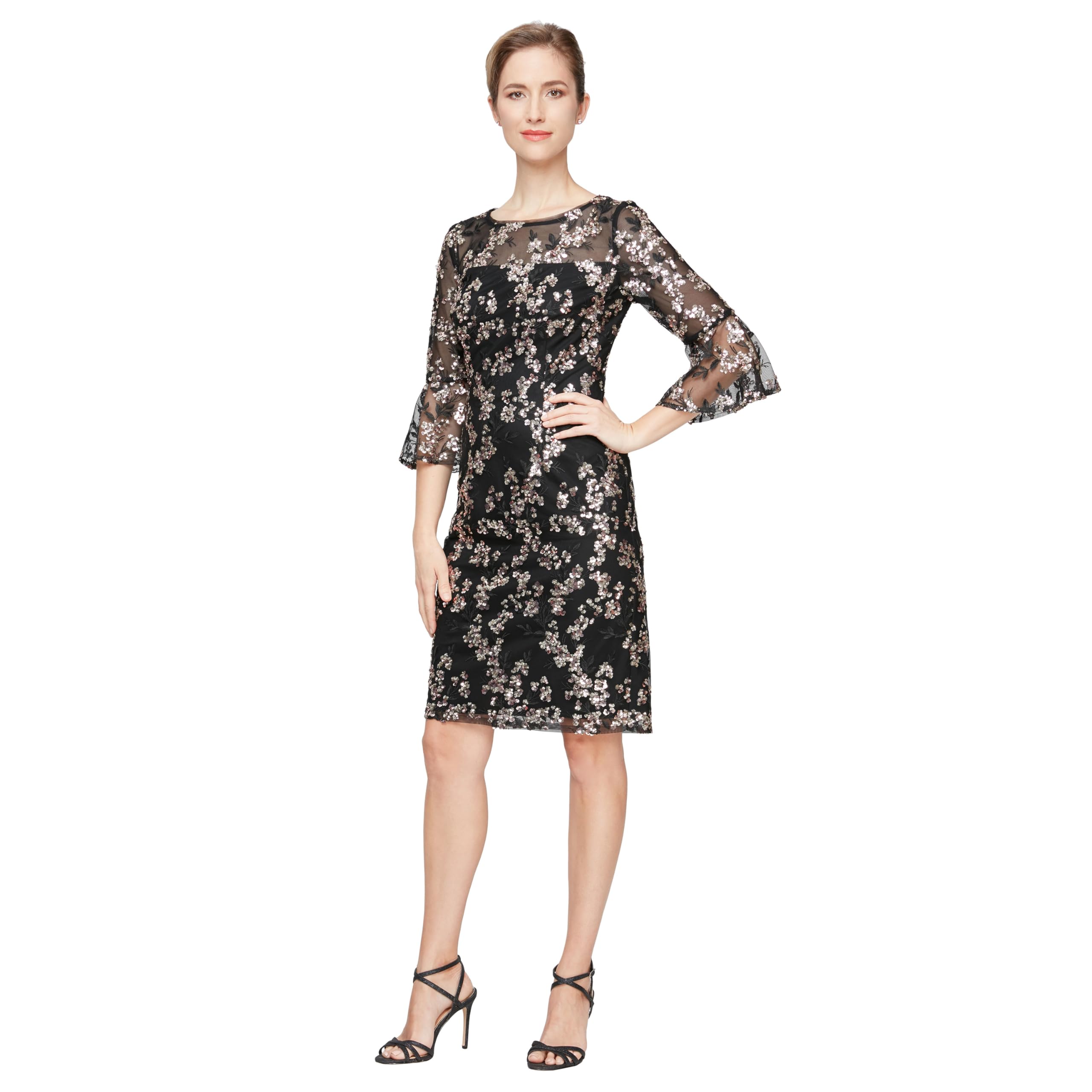 Alex Evenings Women’s Short Shift Cocktail Gown with Bell Sleeves, Formal Events, Wedding Guest Dress, Black and Copper, 8