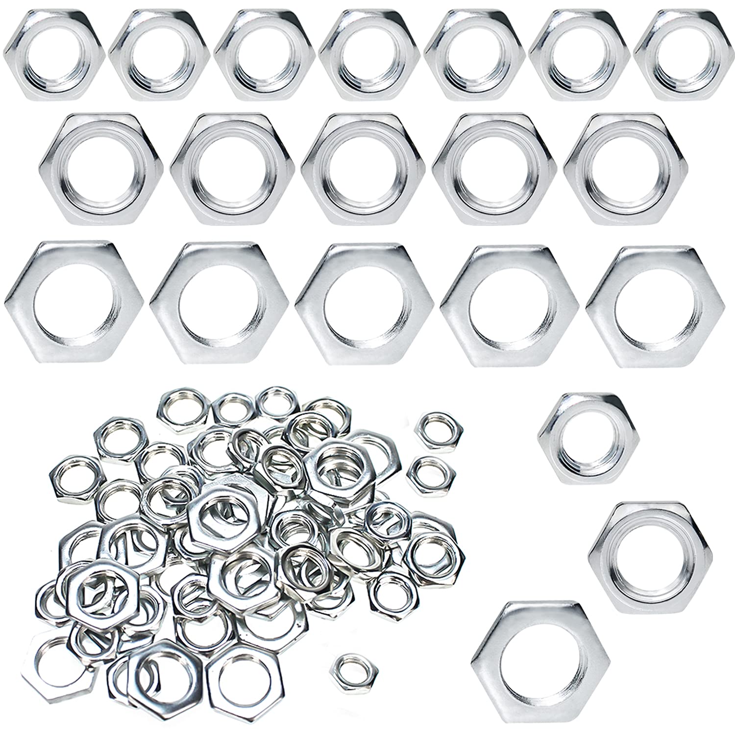 Hexagon Nuts M8 M10 M12 Galvanized Thin Nut Pitch Metric Fine Thread for Commercial Domestic Applications Hardware Tools (Pack of 60)