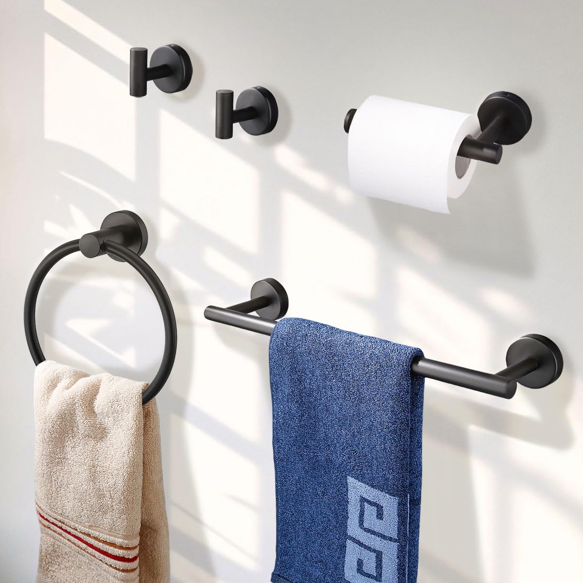 Betadistor Towel Rail Wall Mounted, 5 Pieces Bathroom Accessories Set, Toilet Roll Holder, Hook Towel Ring 304 Stainless Steel Bath Hardware Hand Towel Bar, Black, 120506