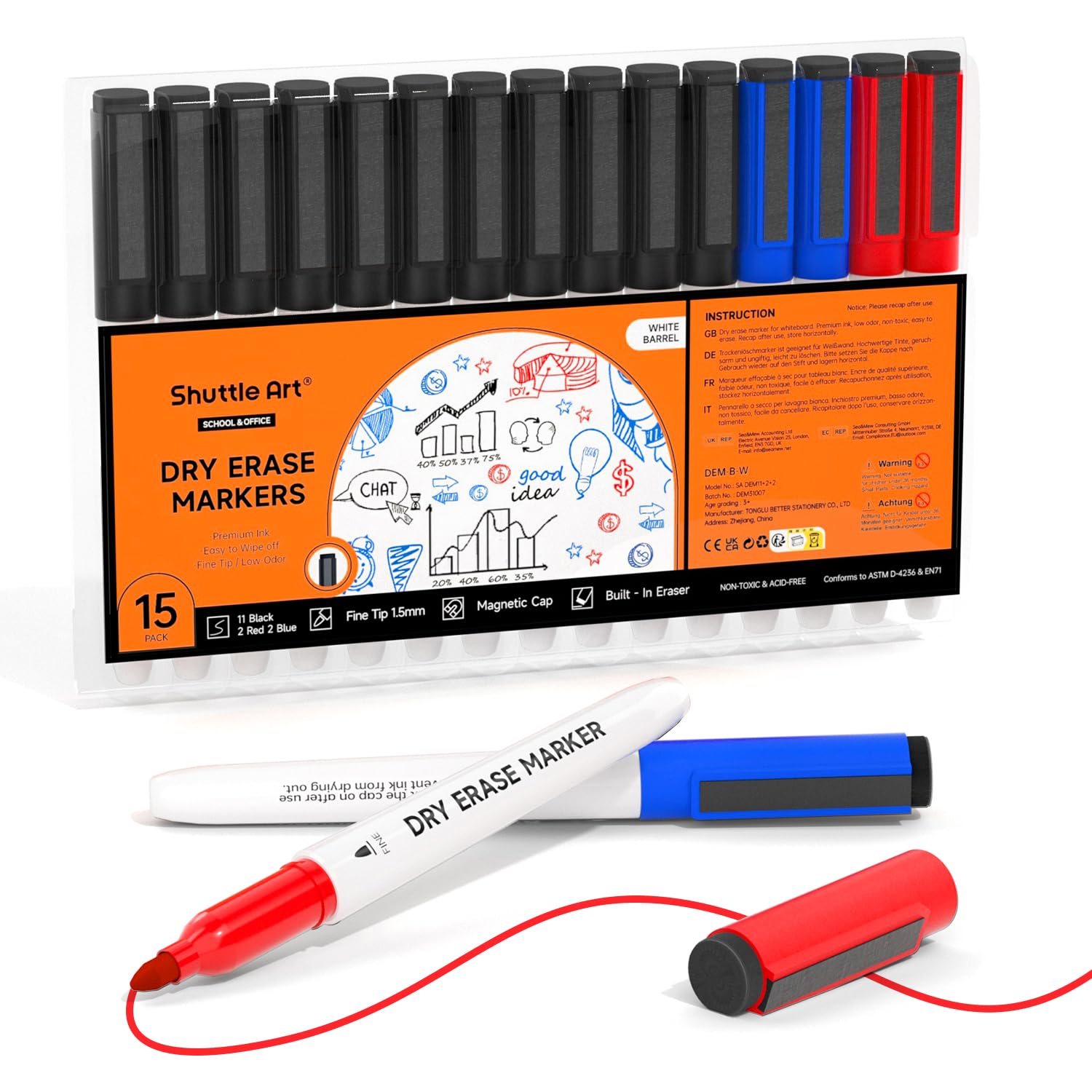 Shuttle Art Magnetic Whiteboard Pens, 15 Pack 3 Assorted Colours,11 Black 2 Blue 2 Red Magnetic Whiteboard Markers, Fine Point Dry Wipe Markers for Whiteboards, Planner, Glass for School Office