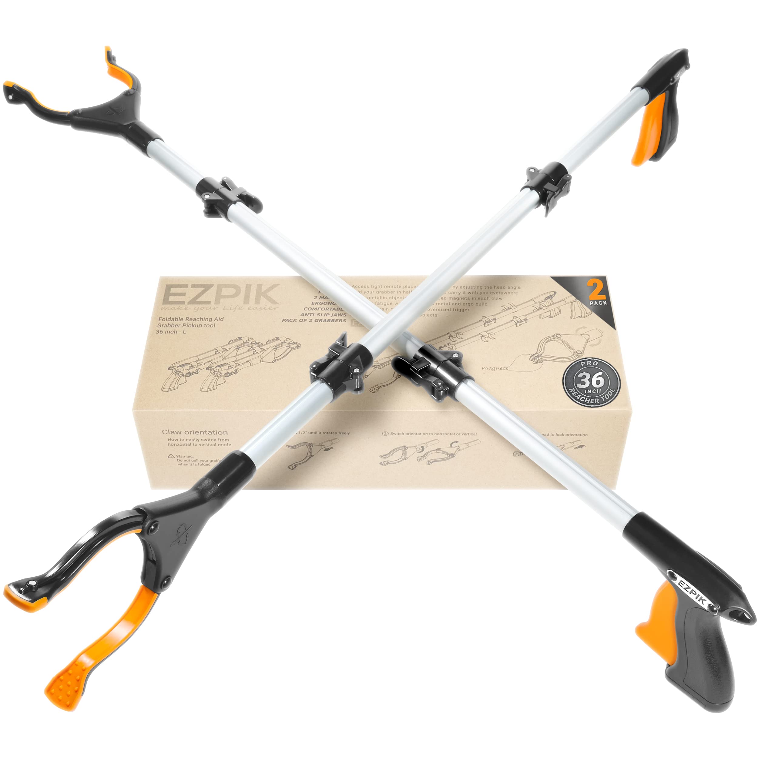 EZPIK 36" Litter Pickers Helping Hand Grabbers for Disabled - Telescopic Helpful Gadgets with Rotating Head for Mobility Aids - Extendable & Foldable Grabber Stick for Daily Living 91cm, 2- Pack