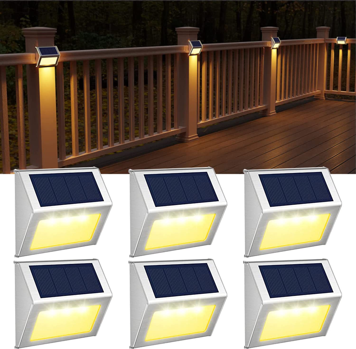 GVOREE 【Warm White】 Solar Fence Lights,Stainless Steel Decorative Lights LED Garden Lights,Waterproof Step Lights Wireless Outdoor Lights for Stair,Wall,Patio,Yard,Path,Fence,6Pack