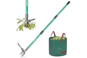 HUZSV Weed Puller Tool Gardening Hand Weeding Tool with Long Handle 4 Steel Claws and Collapsible Trash Can for Lawn and Garden,Easily Remove Weeds Without Bending, Pulling,or Kneeling