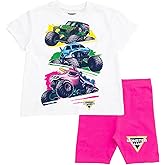 Monster Jam Girls Drop Shoulder T-Shirt and Bike Shorts Outfit Set Toddler to Big Kid Grave Digger Megalodon Sparkle Smash