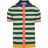 OXKNIT Men's Retro Stripes Knitted Polo Shirt, 1960s Mod Style Vintage Polo Cotton Shirt with Button