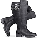 Chicblooms Women's Extra Wide Calf Block Heel Stacked Buckle Hidden Stretch Knee High Boots
