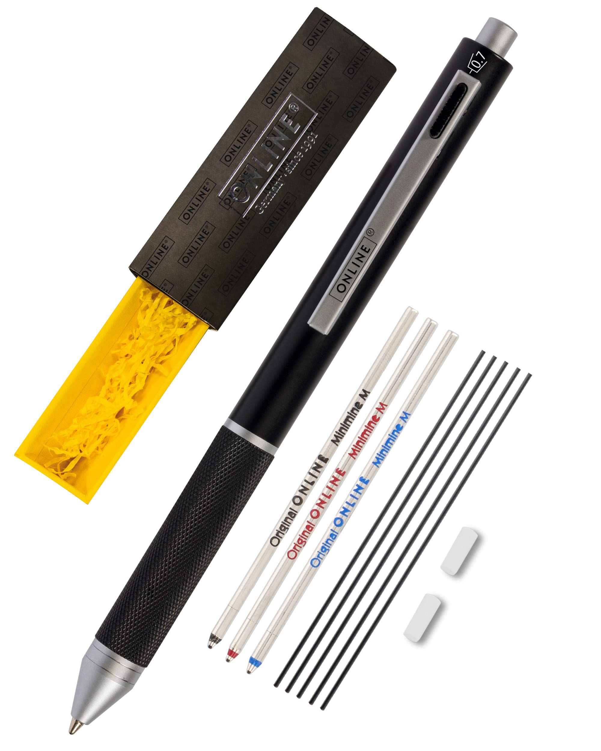 Onlinen Multipen 4-in-1 Black | Ballpoint Pen & Pencil Multifunctional Pen Metal | 3 x Ballpoint Pen Refill in Blue, Black, Red, 1 x Mechanical Pencil Refill | Includes Eraser, in Gift Box