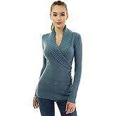 AmélieBoutik Women Slim Fit Sexy Casual Shawl Collar Faux Wrap Lace Up Long Sleeve Sweater