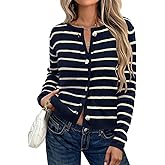 Elesomo Womens Striped Cardigan Business Casual Crew Neck Button Front Cardigans Sweater