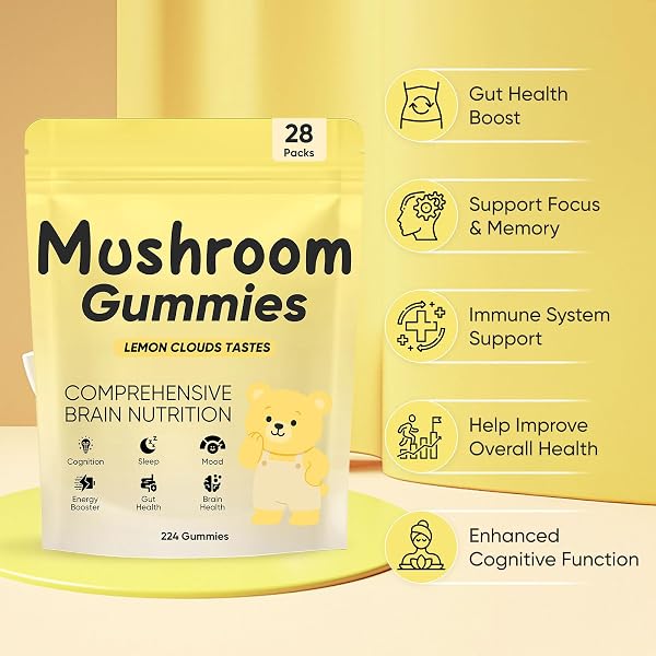 REYUQU LIONS MANE MUSHROOM GUMMIES – 10,000 MG ADAPTOGENIC MUSHROOM COMPLEX PER SERVING, VEGAN, LOW SUGAR/SUGAR-FREE, BRAIN & FOCUS SUPPORT SUPPLEMENT, 28 DAILY SACHETS