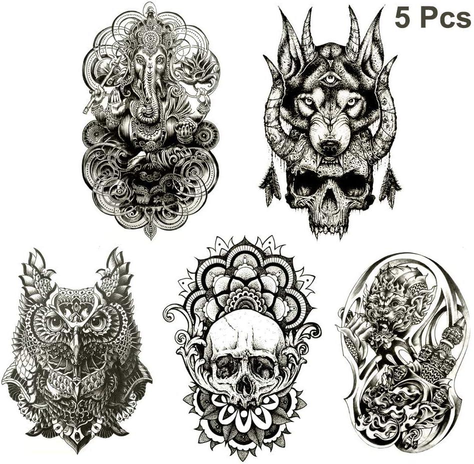 5 Sheets Extra Large Temporary Fake Arm Chest Shoulder Tattoos, Fashion Temporary Tattoo Transfer Stickers Man & Women Waterproof Removeable Non-Toxics & Safe All Skin