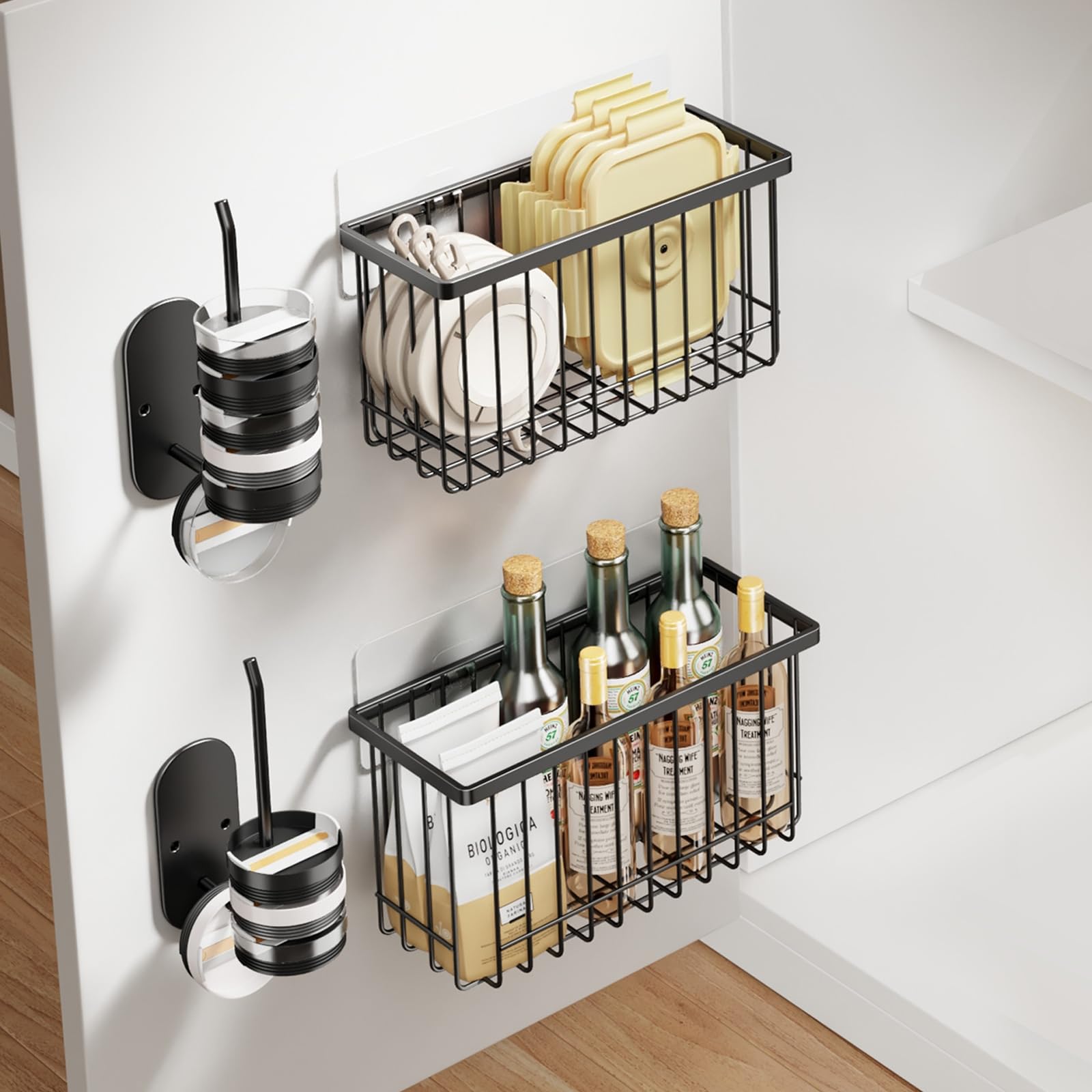 Photo 1 of Mustorn 4 Pack Adhesive Cabinet Door Organizer, Lid Organizers Inside Cabinet Food Container/Tumbler Lid Organizer and Storage Cup Lids Holder for Kitchen & Bathroom Wall Mounted(Black)