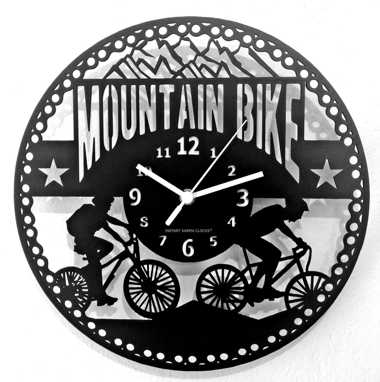 Instant Karma Clocks | Mountain Bike Wall Clock with Cyclists and Cycling Bicycle Design | Silent No-Ticking | Perfect for Bedroom, Office, Studio, Cabin, Living Room | Unique Decoration