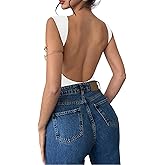 Milumia Women Sexy Open Back Tank Top Bodysuit Boat Neck Sleeveless Party Leotards