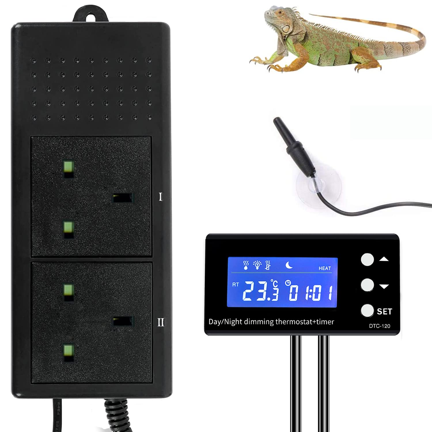 XIEHUZA Digital Dimming Thermostat, Day & Night Timer Reptile Temperature Controller, PID Dimmer Thermostat Socket for Incubation, Heat Lamp, Terrarium, Aquarium with Waterproof Sensor Probe
