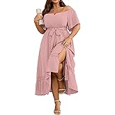 RWJ Women's Plus Size Dress for Cocktail Wedding Guest Formal V Neck Off The Shoulder Maxi Dress with Belt Pink 3XL