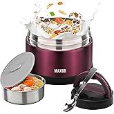 MAXSO Food Jar for Hot Food - 24 OZ Soup Thermo for Adults Vacuum Insulated Lunch Containers with Foldable Spoon & Thermal Bag, Wide Mouth Leakproof Bento Box - Burgundy