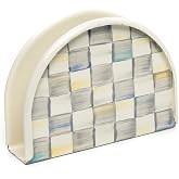 MACKENZIE-CHILDS Enamel Napkin Holder, Gray-and-White Sterling Check | Hand-painted design, kitchen napkin holder for table and countertop, 2" W x 6" L x 4.5" H