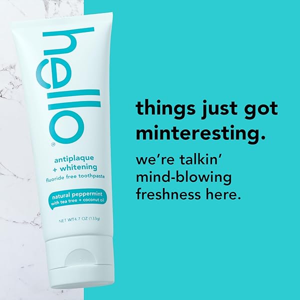 HELLO ANTIPLAQUE TOOTHPASTE, FLUORIDE FREE FOR TEETH WHITENING WITH NATURAL PEPPERMINT FLAVOR AND TEA TREE OIL, PEROXIDE FREE, GLUTEN FREE, SLS FREE, 3 PACK, 4.7 OZ TUBES