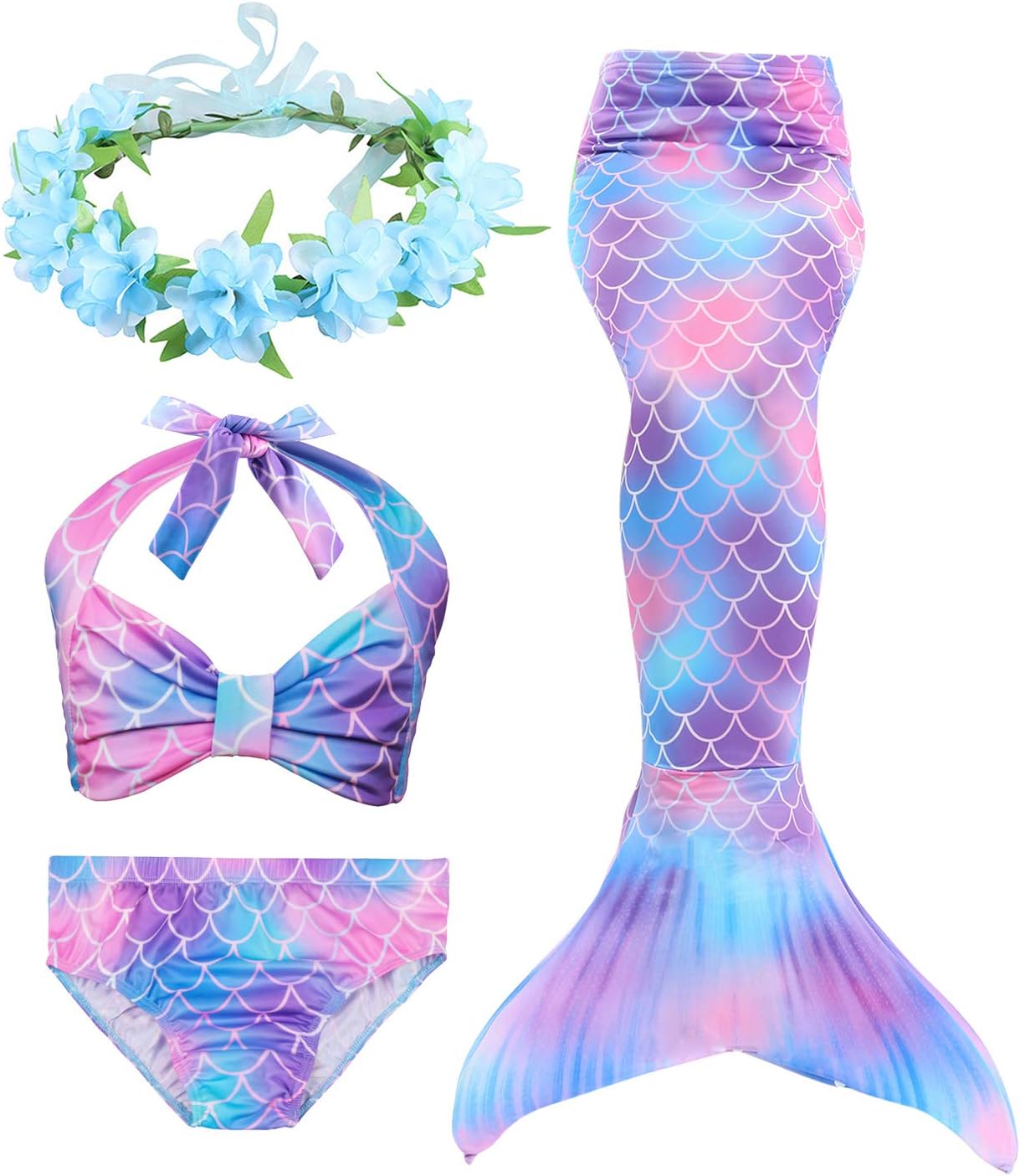 Kids Girls Mermaid Swimming Costume Included 3PCS Swimmable Bikini Swimsuit and Flower Garland Headband
