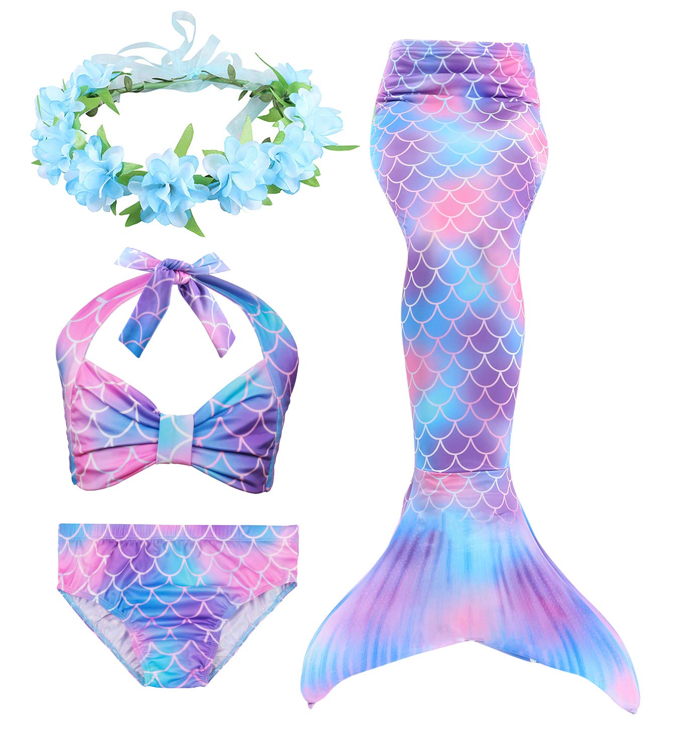Kids Girls Mermaid Swimming Costume Included 3PCS Swimmable Bikini Swimsuit and Flower Garland Headband
