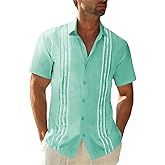 GRMNSG Mens Linen Guayabera Shirts Short Sleeve Summer Beach Casual Cuban Shirt