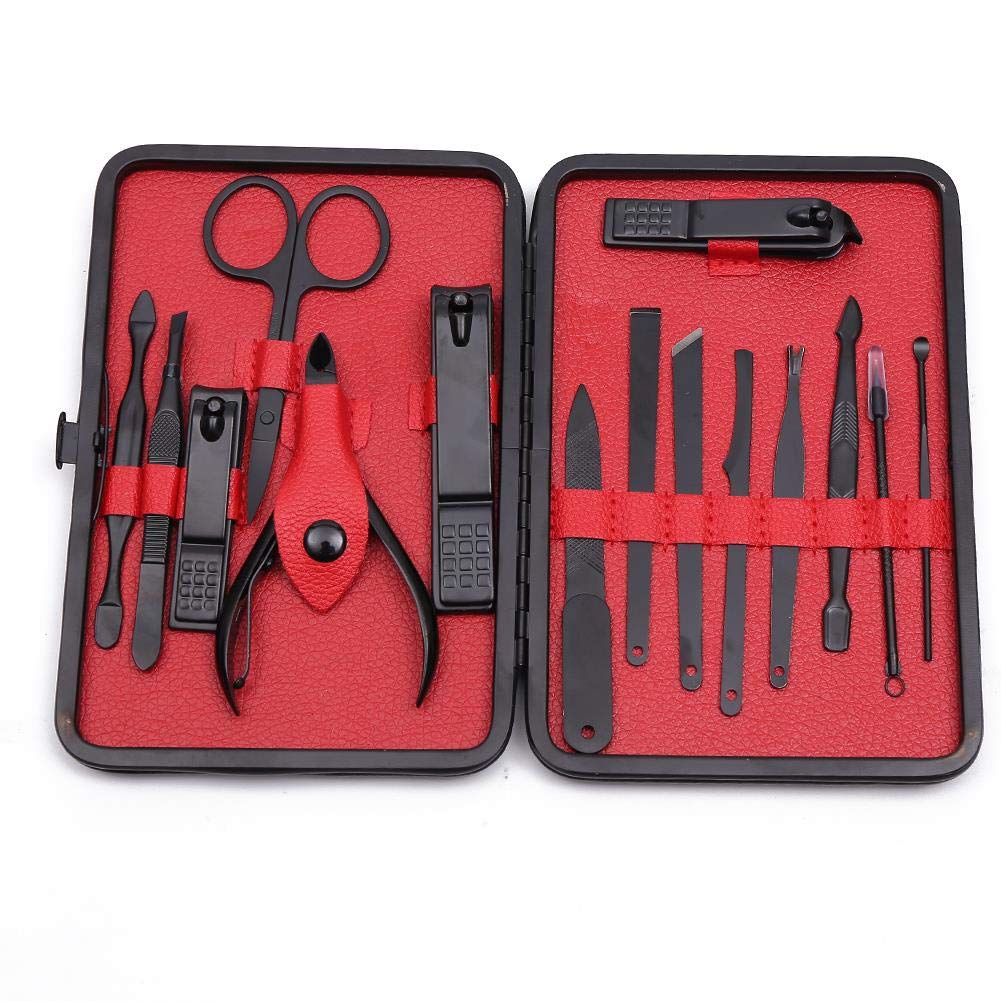 TOPWAY Nail Clippers Manicure Pedicure Professional Grooming Kit for Agnail, Cuticle, Callus, Dead Skin, Blackhead, Acne, Ingrown Hair, Ear, Eyebrow Care Travel Set 15pcs Red + Alcohol Pads + Case