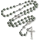 Nazareth Store Pearl Beads Rosary Metal Mystery Roses with Hematite stones, Catholic Rosary Necklace Our Rose Lourdes Medal & Cross Crucifix