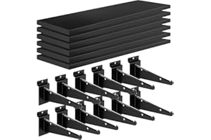 Alffun 6 Pack Heavy Duty Slatwall Shelves, 16x6 Inch Wooden Slat Wall Shelf with Metal Brackets - Space Saving Garage Organizer, Easy Install for Home Retail & Boutiques (Black)