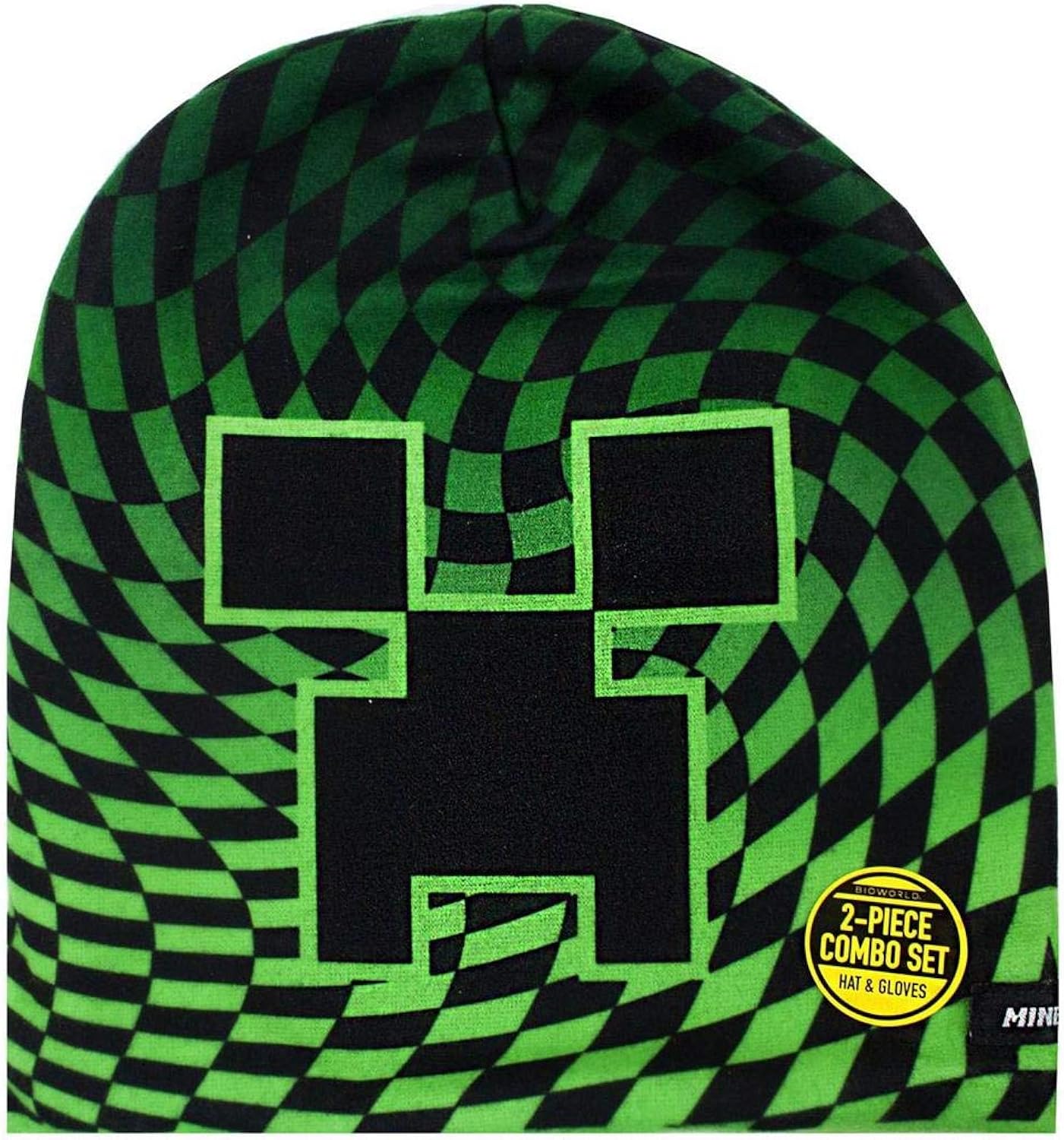 Minecraft Boy's Creeper Checkered 2 Piece Kids Hat and Gloves Set Black: Clothing