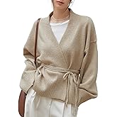 WDIRARA Women's Wrap V Neck Long Sleeve Tie Front Belted Cardigan Casual Sweater