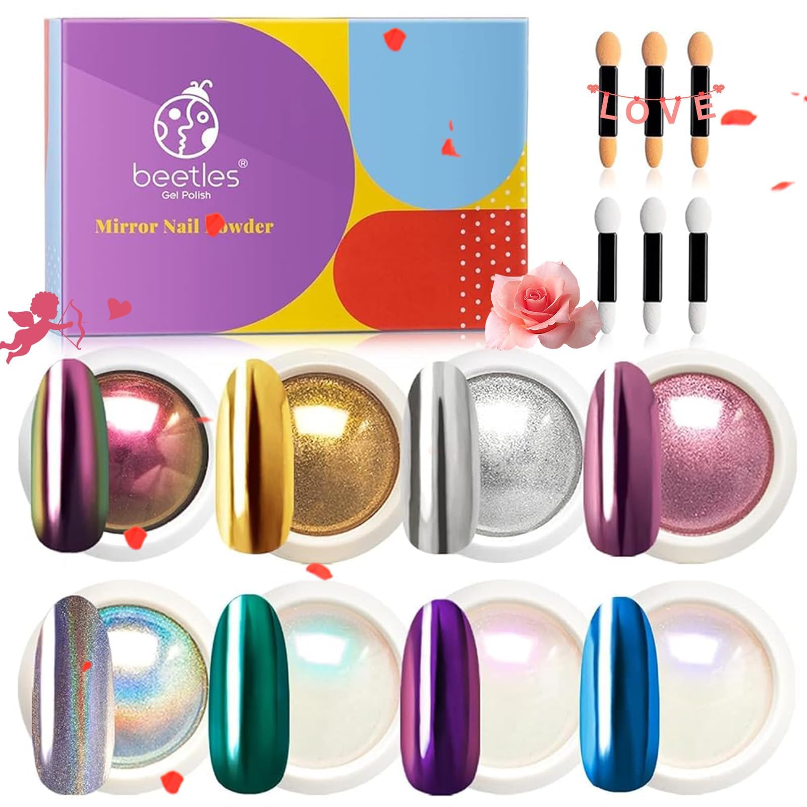 Beetles Chrome Nail Powder Mirror Effect Holographic Aurora Iridescent Pearlescent Manicure Art Decoration Glitter, 8 Colors 1g or 0.5g/Jar DIY Nail Art — image 1