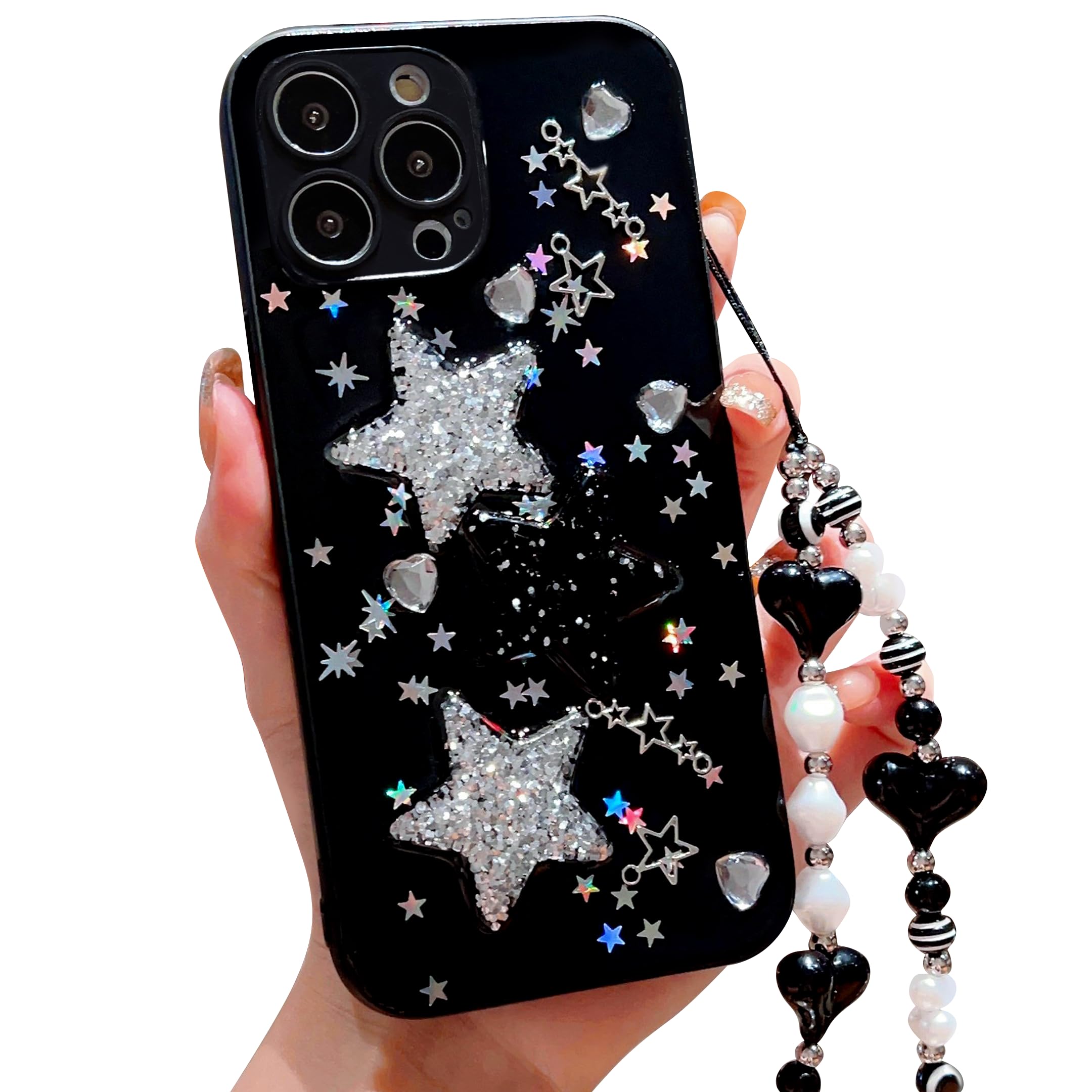 ZSYTZL Compatible with iPhone 12 Pro Max Case Cute 3D Bling Glitter White Black Stars with Pearl Bracelet Chain Design for Girls Women Kawaii Sparkle Protective Phone case for iPhone 12 Pro Max-Black