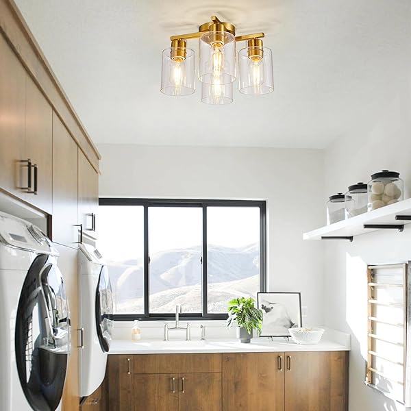 DIDUIO 4 LIGHT SEMI FLUSH MOUNT CEILING LIGHT BRUSHED GOLD KITCHEN LIGHTING FIXTURES CEILING BRASS HALLWAY CIELING LIGHTS FIXTURE WITH CLEAR GLASS SHADE FOR BEDROOM DINING ROOM