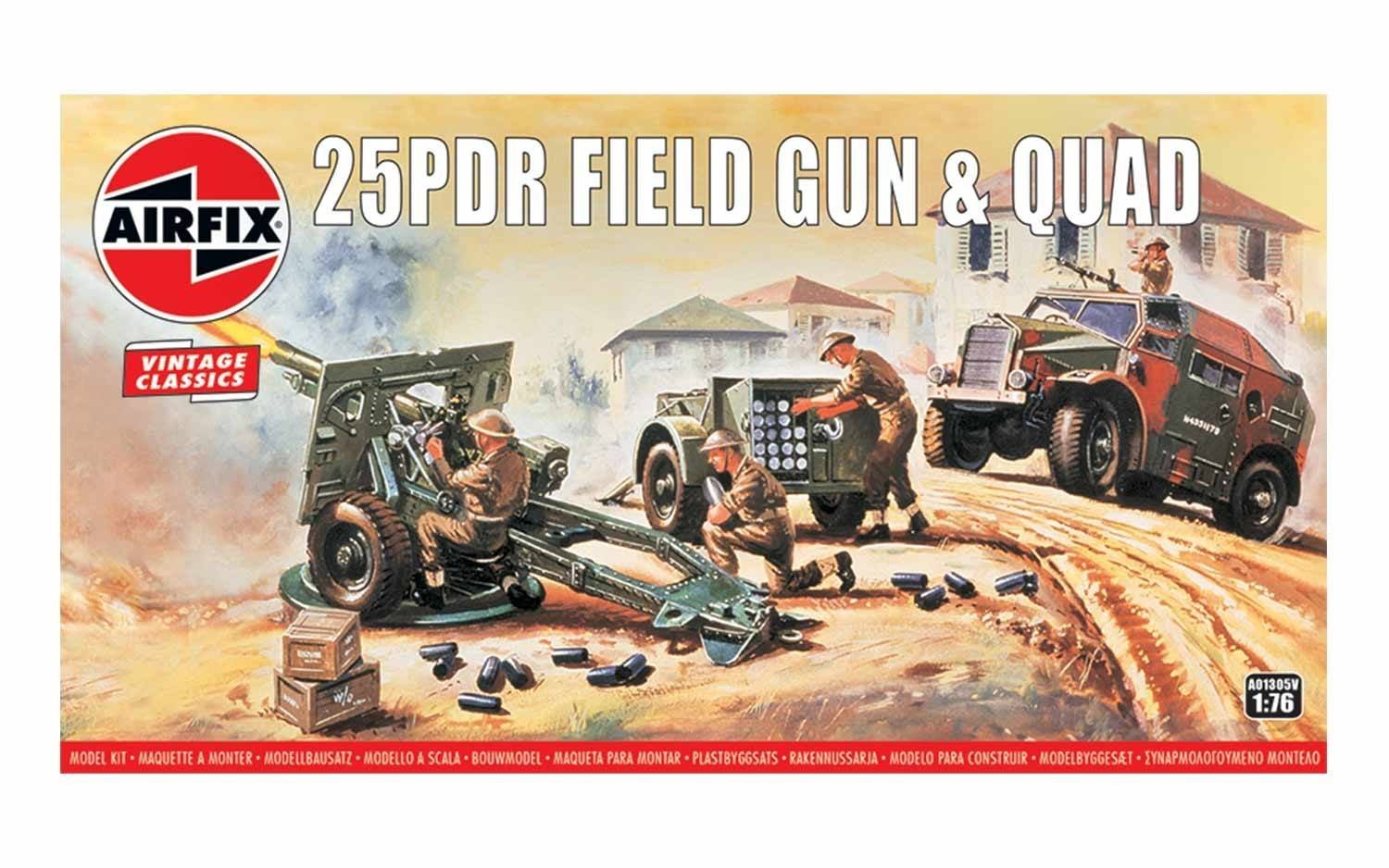 Airfix Vintage Classics Set - A01305V 25PDR Field Gun & Quad - Plastic Model Tank Kits for Adults & Children 8+, Set Includes 71 Pieces, Sprues & Decals - 1:76 Scale Model Tank Set