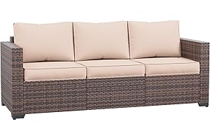 Amopatio Patio Couch, 3-Seat Outdoor Furniture, Wicker Porch Furniture Outdoor Couch Sofa with Water-Resistant Cover & Non-Slip Cushions, Premium Patio Set, Khaki