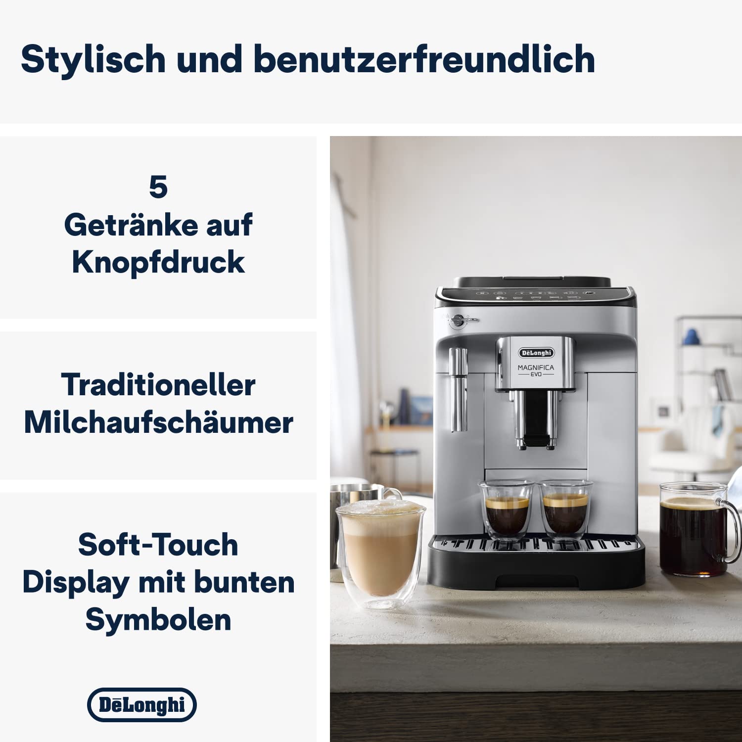 De’Longhi Magnifica Evo - Perfetto Kaffeevollautomat mit klassischem Milchaufschäumer, 4 One-Touch-Getränke, Cappuccino, Espresso Kaffeemaschine, Soft-Touch-Bedienfeld, Silber (ECAM292.33.SB) 2