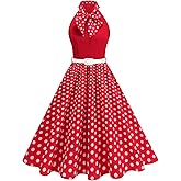 ODIZLI 1950s Dress for Women Retro Sleeveless Tie Neck Polka Dot Swing Dress with Belted Evening Party Cocktail Dresses