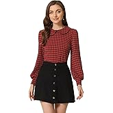 Allegra K Women's Peter Pan Collar Shirt Fashion Puff Long Sleeve Houndstooth Plaid Blouse