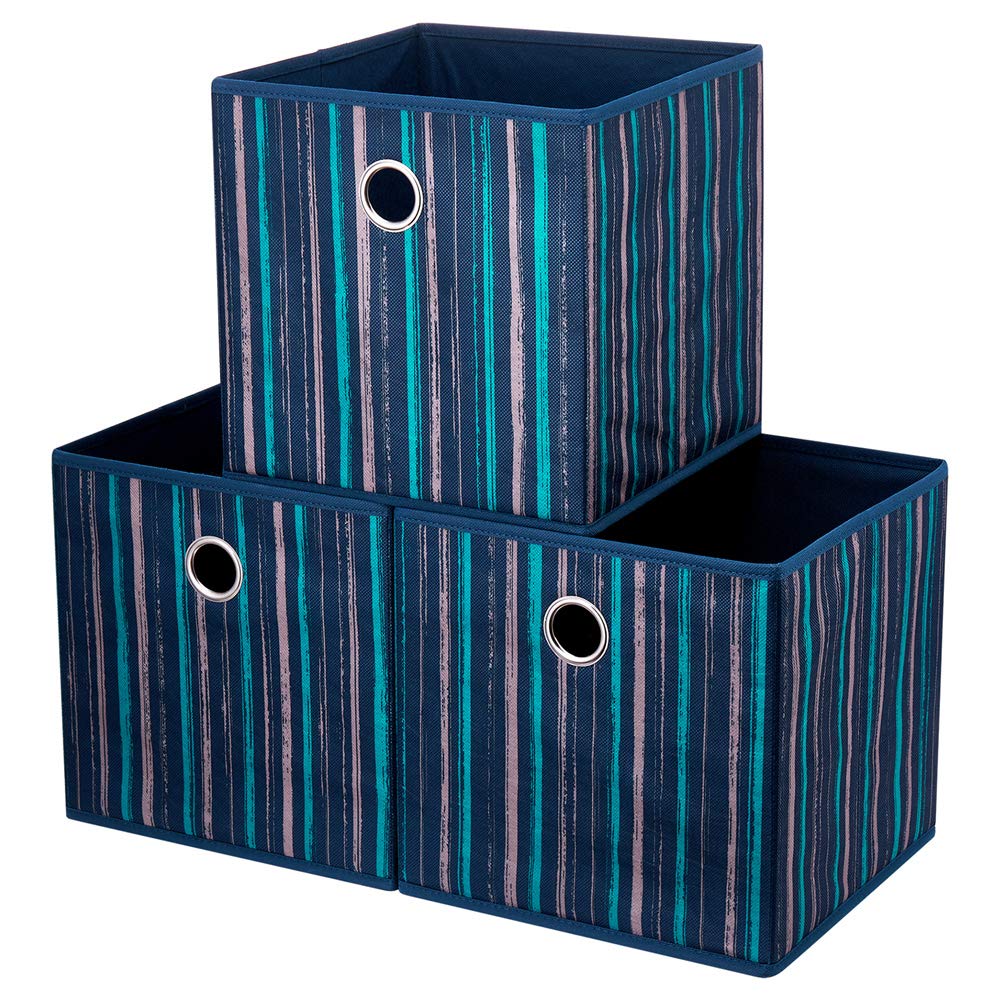 HSDT 3 Cube Storage Bins 11x11x11 Inch Foldable Teal-Yellow Vertical Stripes Gradient Lines Print Fabric Storage Basketes for Home Organizers Storage Drawer,QY-SC17-3