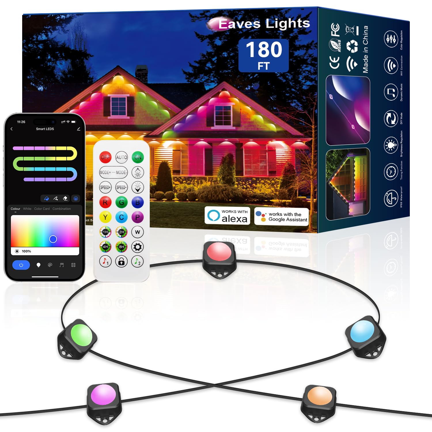 Photo 1 of ***MISSING PARTS -SELLING AS IS *** lemonlovely Permanent Outdoor Lights Pro, 180ft with 132 IC+RGBCW Smart LED Eaves Christmas Lights for Daily Decoration, IP67 Waterproof for Outside Xmas Halloween House Roof Lighting, Black