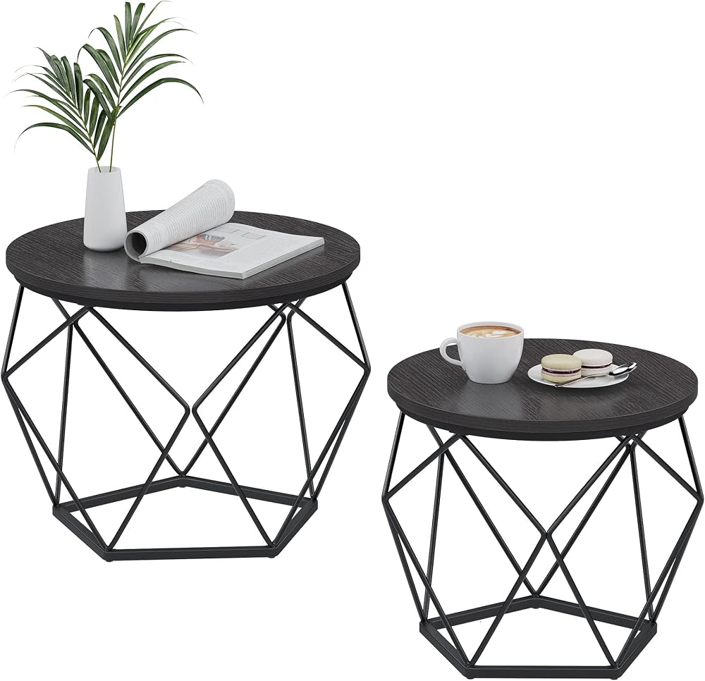 VASAGLE Round Coffee Table Set of 2 Black Steel Frame LET040B22